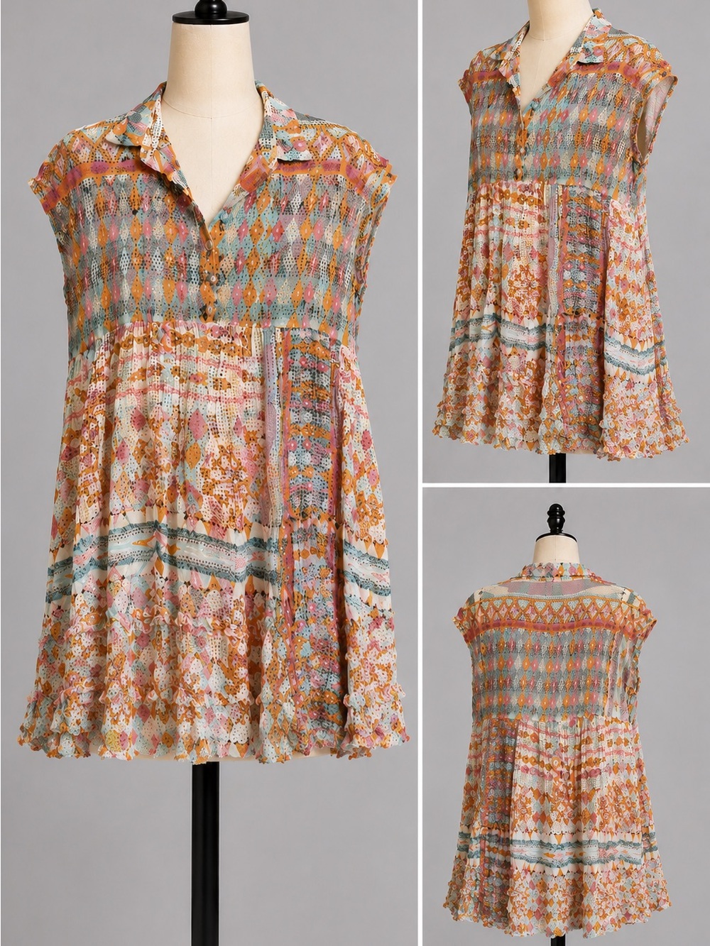 Boho Patchwork Tunic Dress Cover Up Raw Edge Medium
